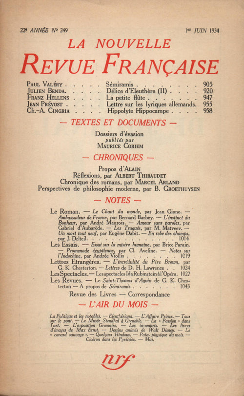 La Nouvelle Revue Française N° 249 (Juin 1934)
