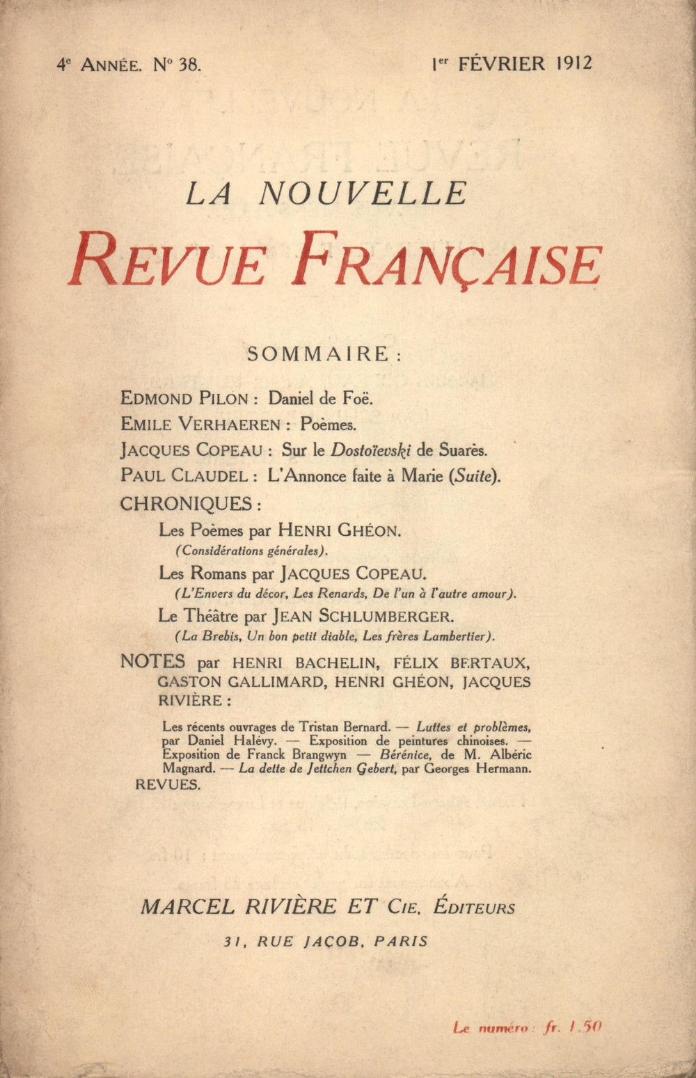 La Nouvelle Revue Française N' 38 (Février 1912)