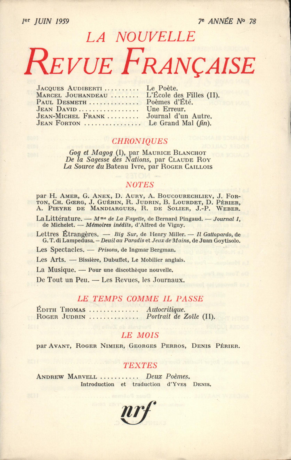La Nouvelle Revue Française N' 78 (Juin 1959)