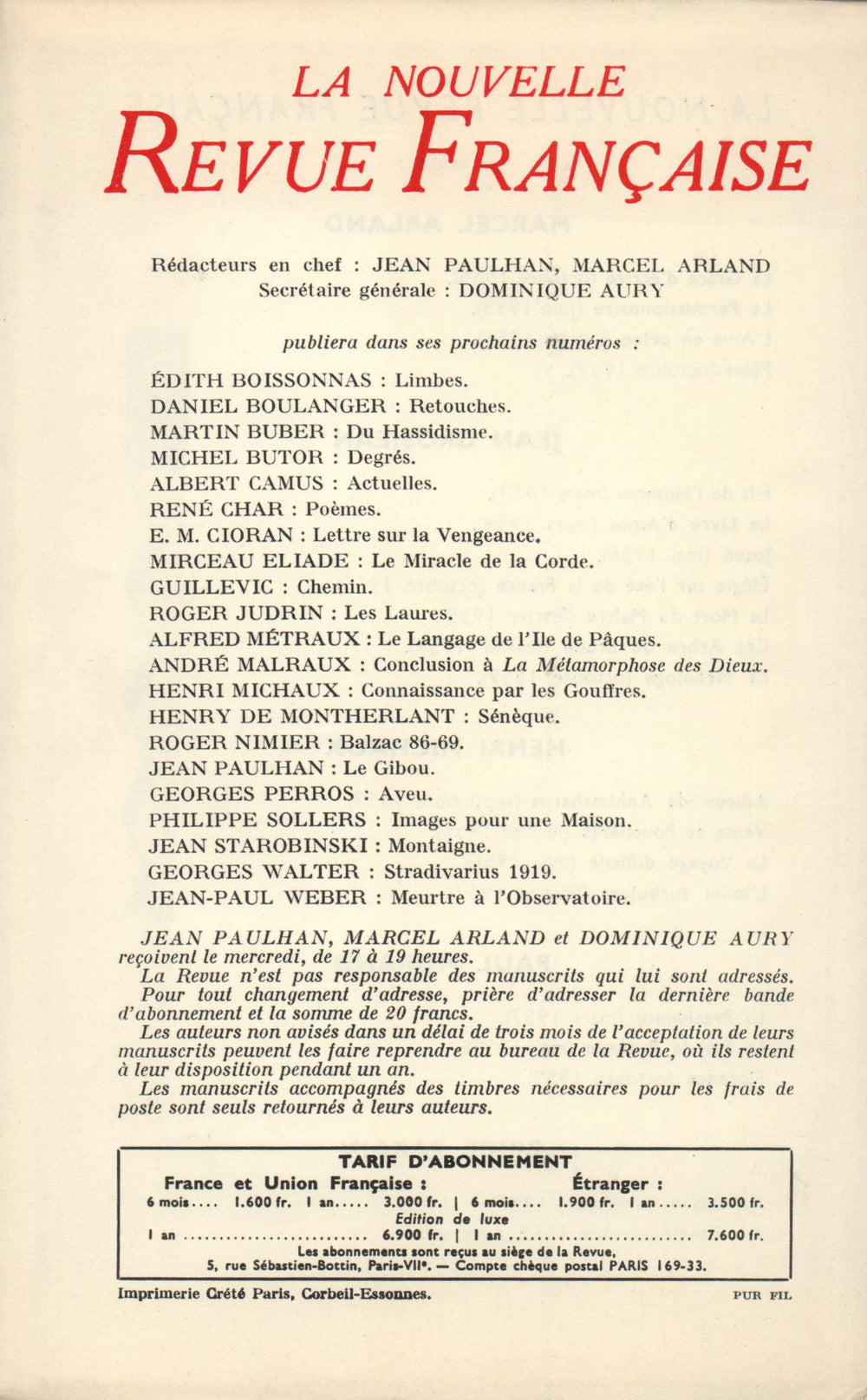 La Nouvelle Revue Française N' 82 (Octobre 1959)