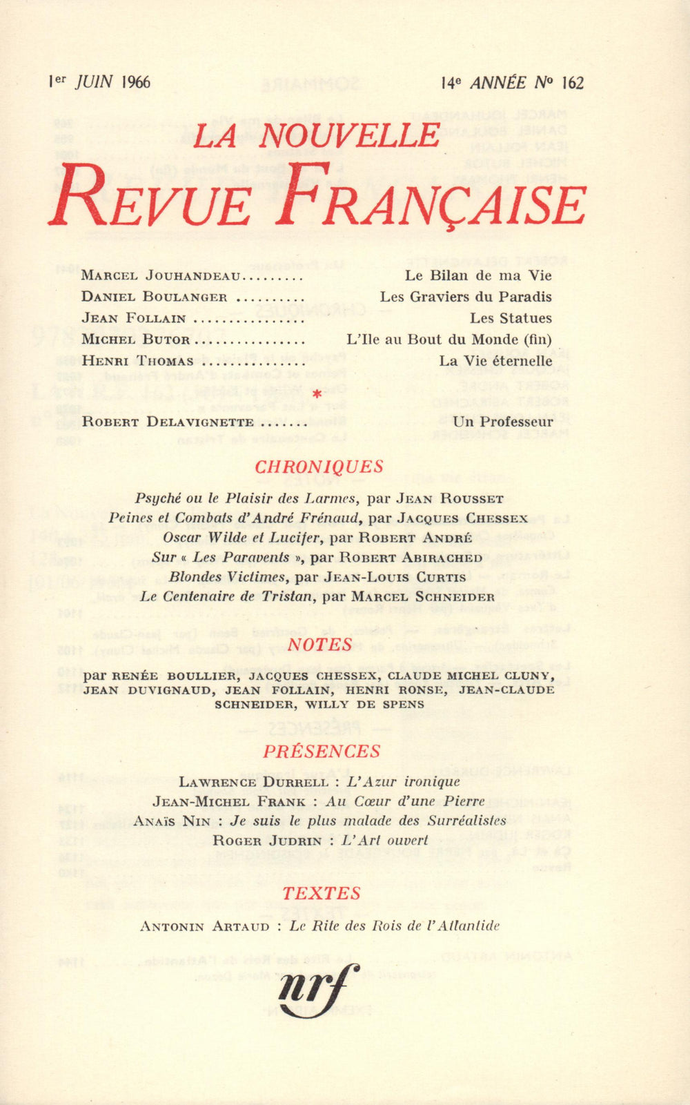 La Nouvelle Revue Française N' 162 (Juin 1966)