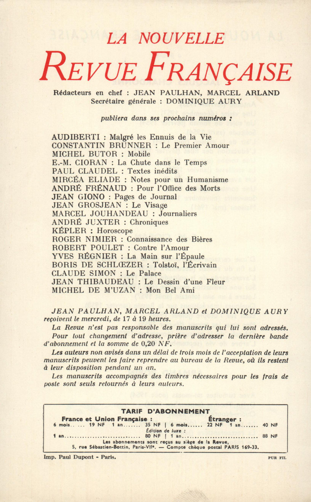 La Nouvelle Revue Française N' 103 (Juillet 1961)