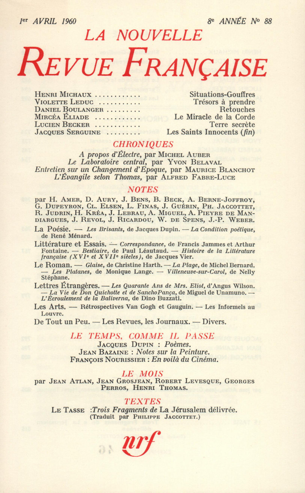 La Nouvelle Revue Française N' 88 (Avril 1960)
