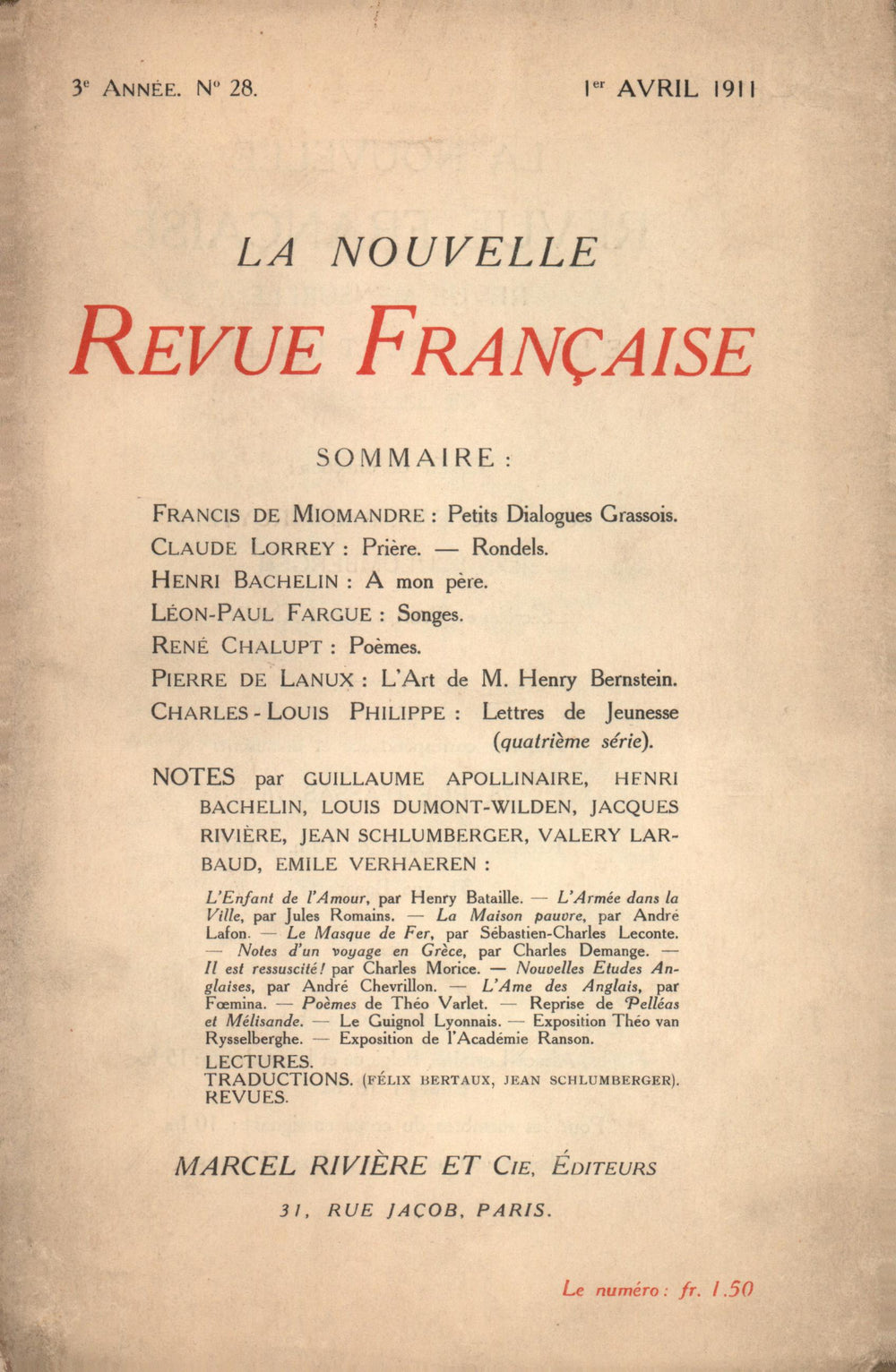 La Nouvelle Revue Française N' 28 (Avril 1911)