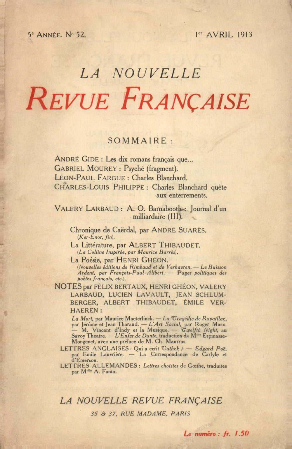 La Nouvelle Revue Française N' 52 (Avril 1913)