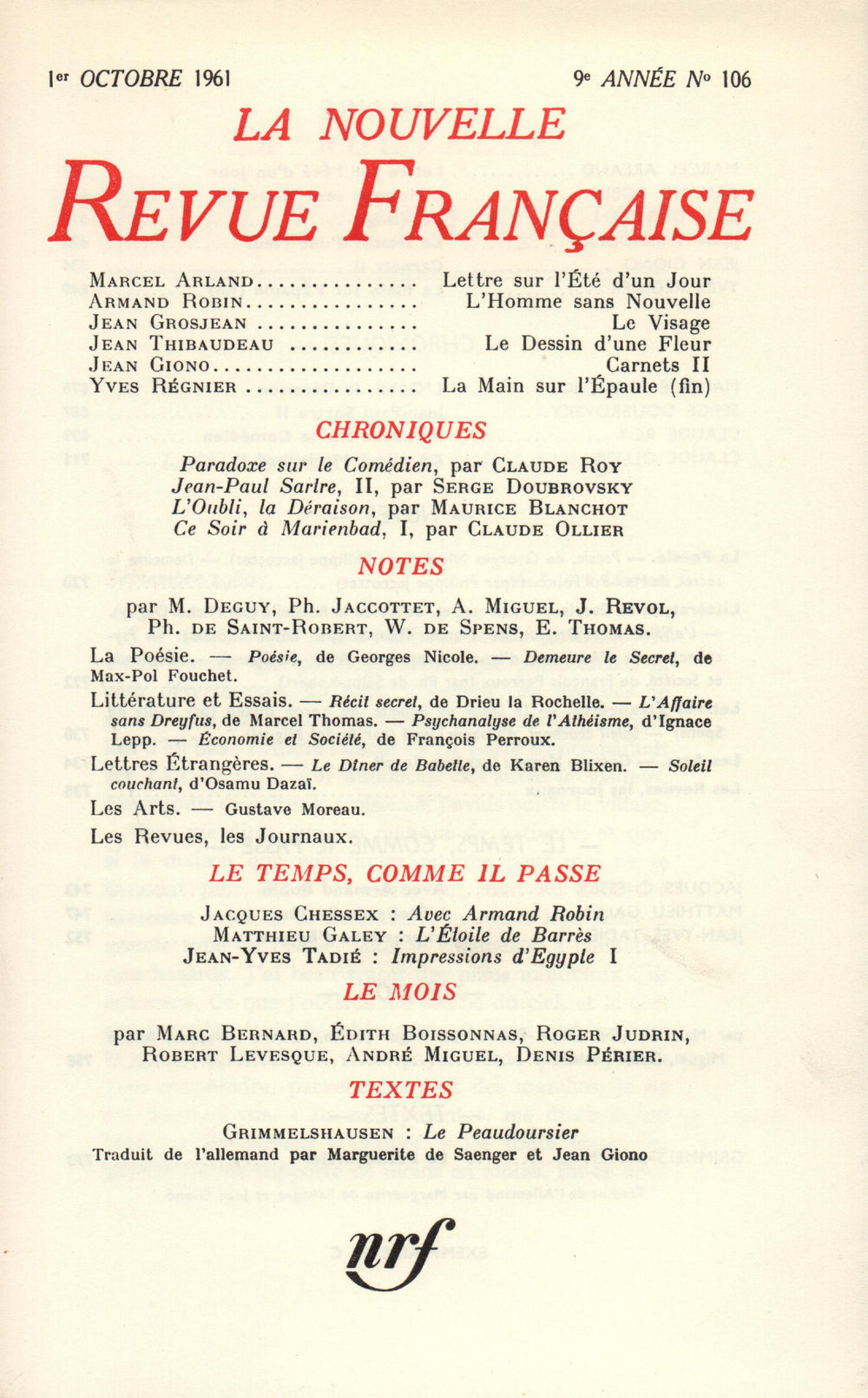 La Nouvelle Revue Française N' 106 (Octobre 1961)