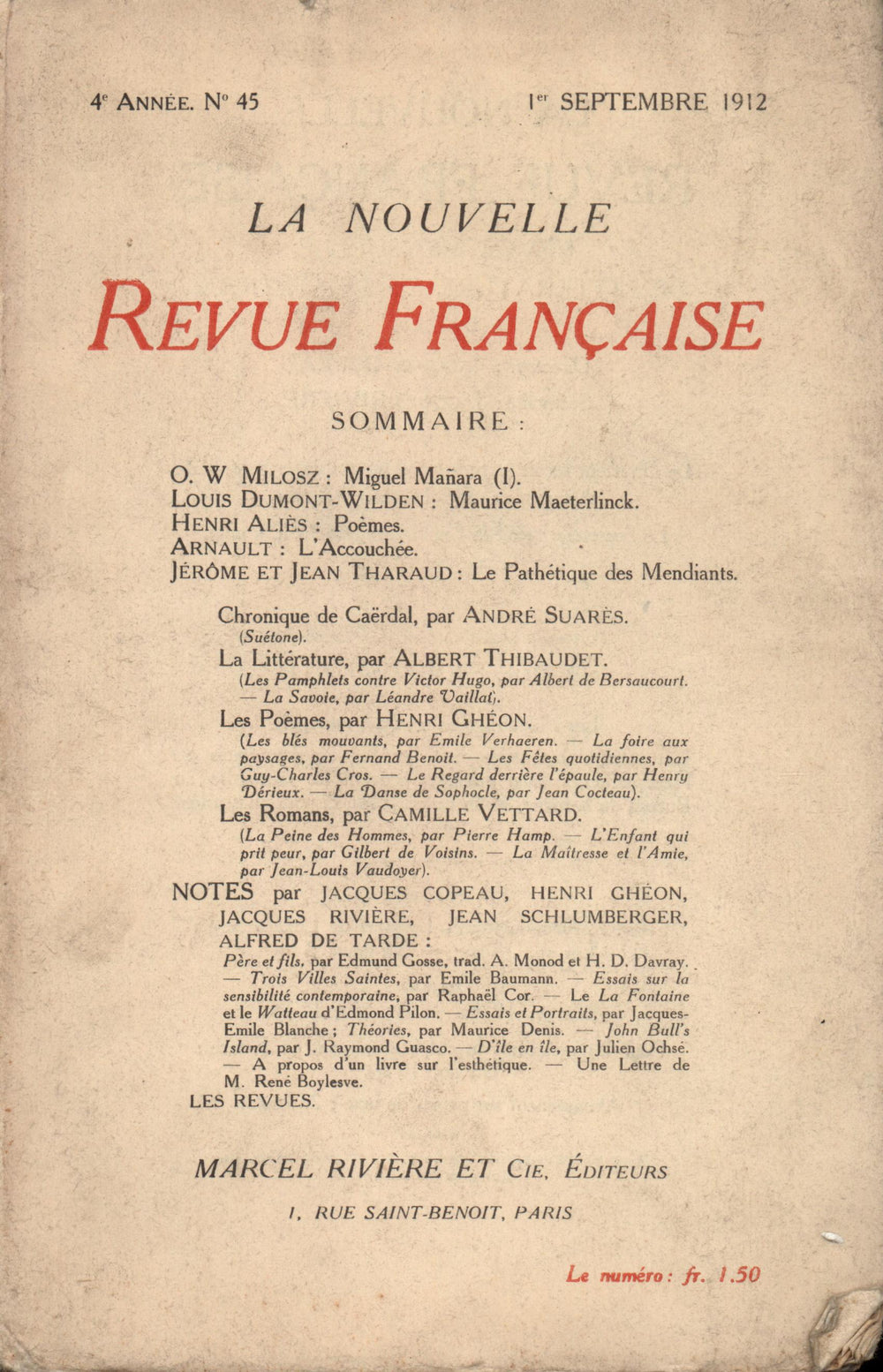 La Nouvelle Revue Française N' 45 (Septembre 1912)