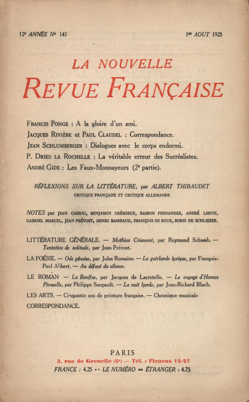 La Nouvelle Revue Française N' 143 (Aoűt 1925)