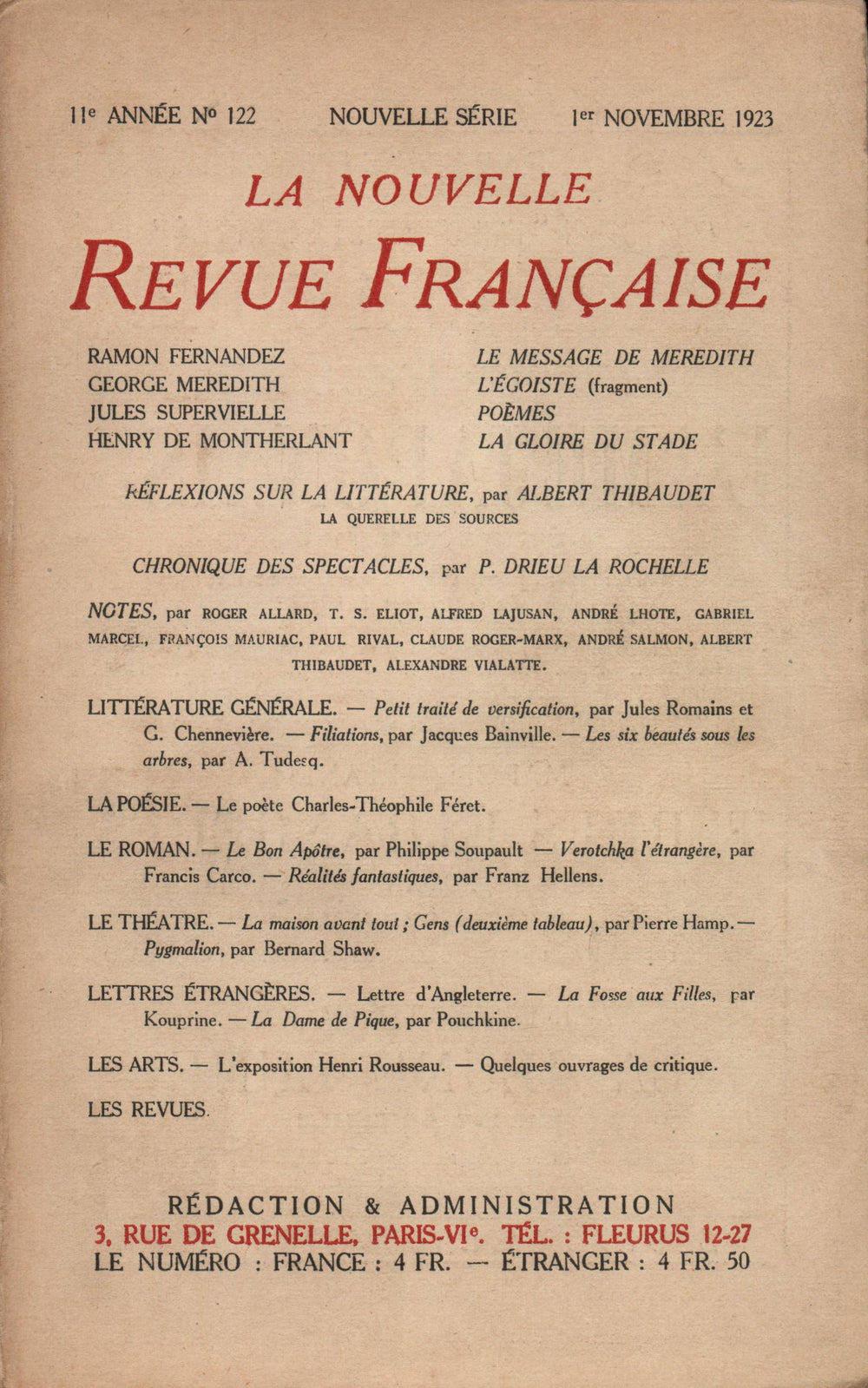 La Nouvelle Revue Française N' 122 (Novembre 1923)
