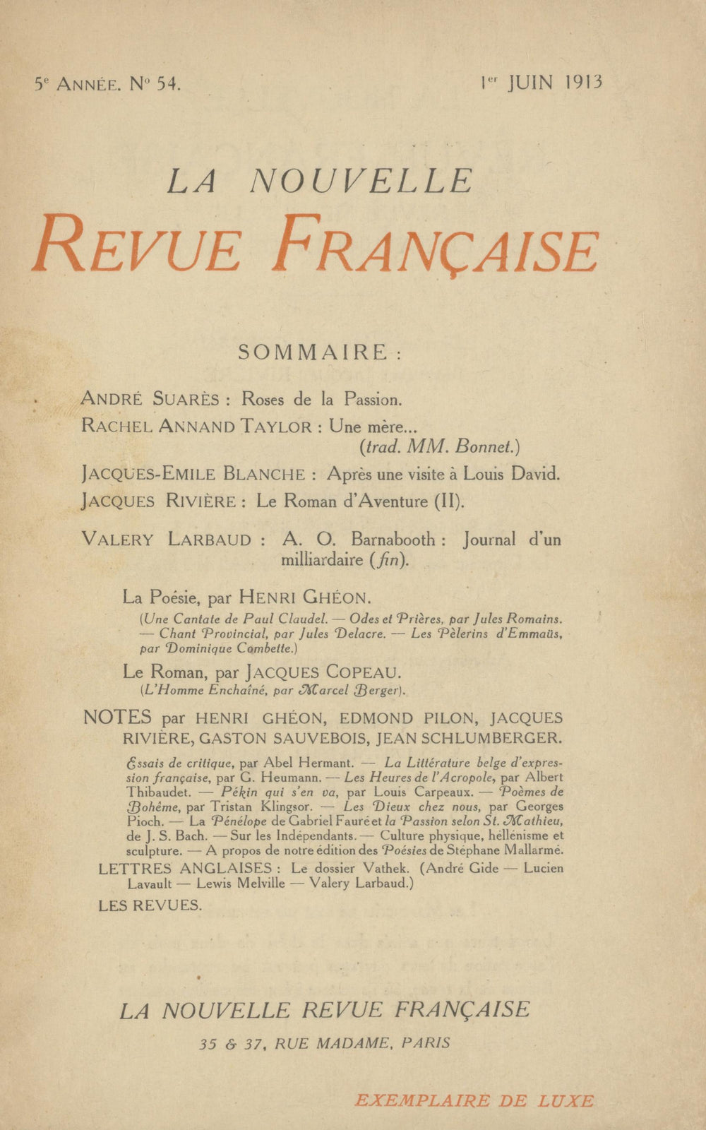 La Nouvelle Revue Française N' 54 (Juin 1913)