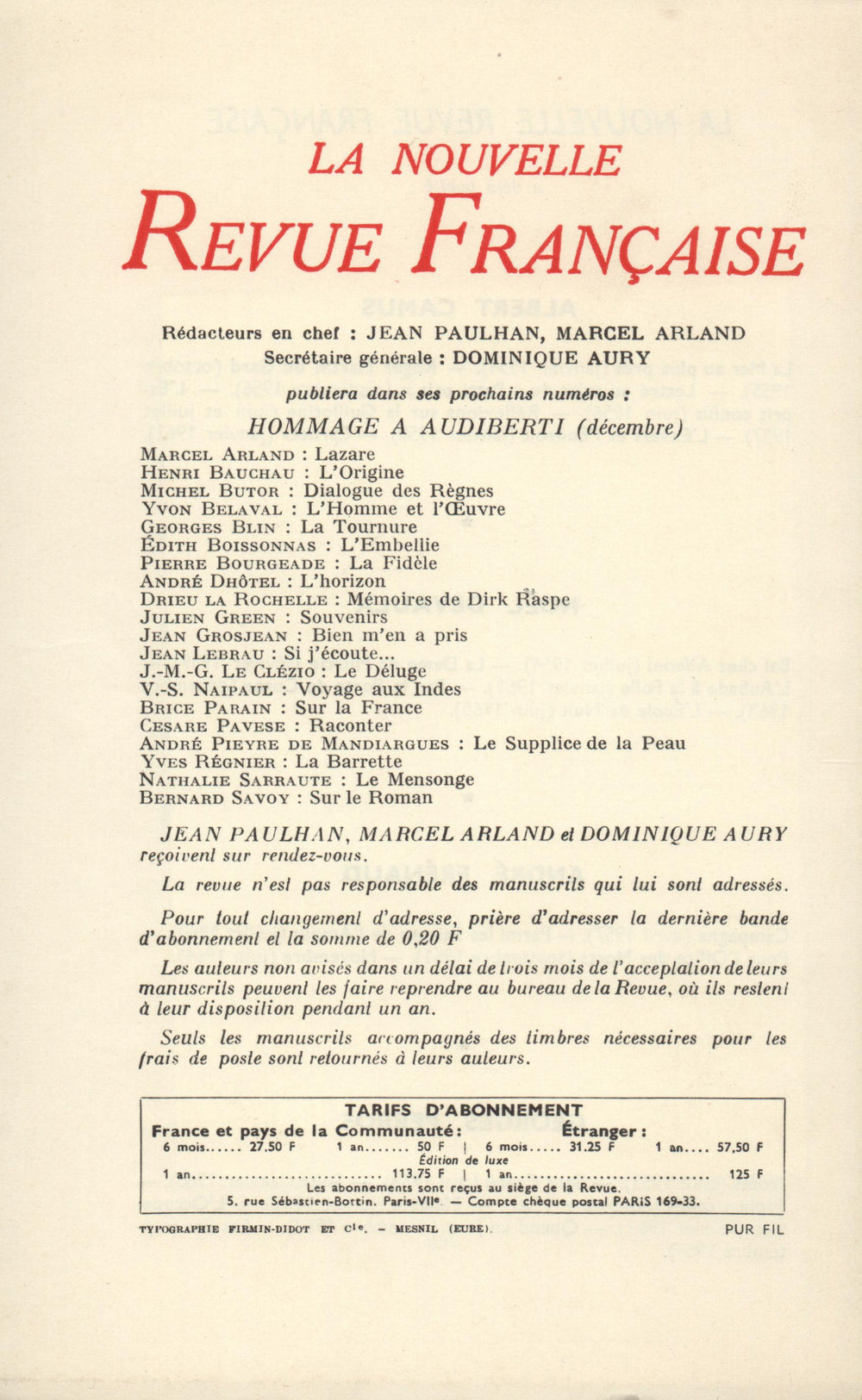 La Nouvelle Revue Française N' 155 (Novembre 1965)