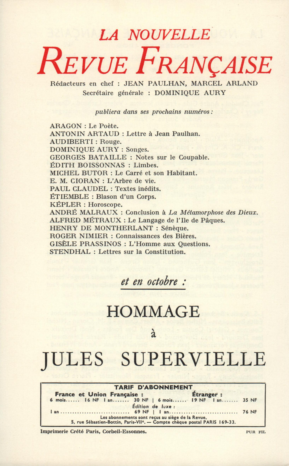 La Nouvelle Revue Française N' 92 (Aoűt 1960)
