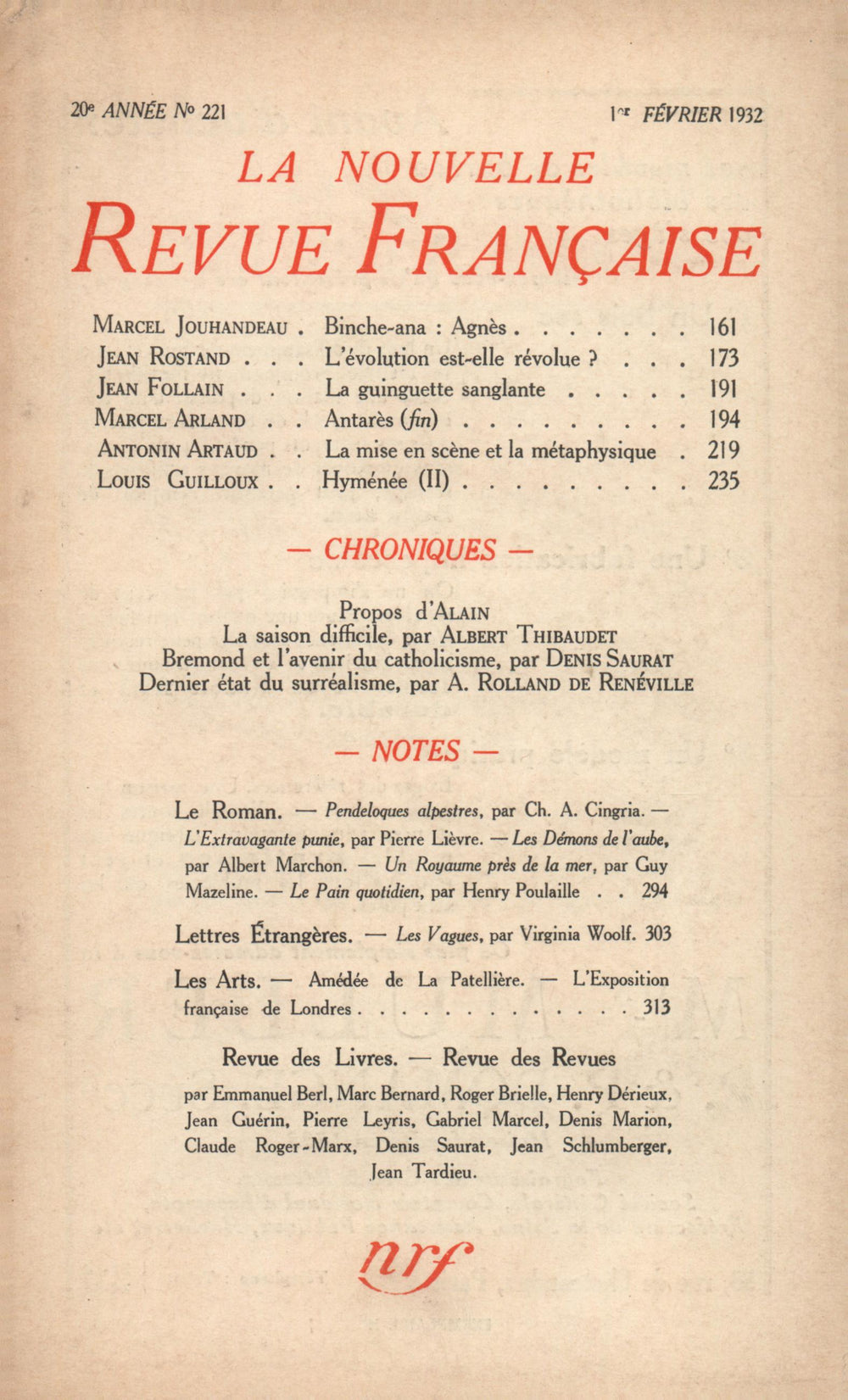 La Nouvelle Revue Française N' 221 (Février 1932)