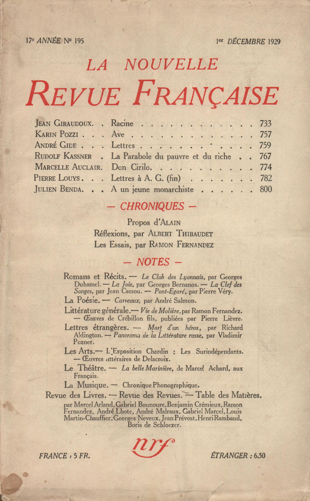La Nouvelle Revue Française N' 195 (Décembre 1929)