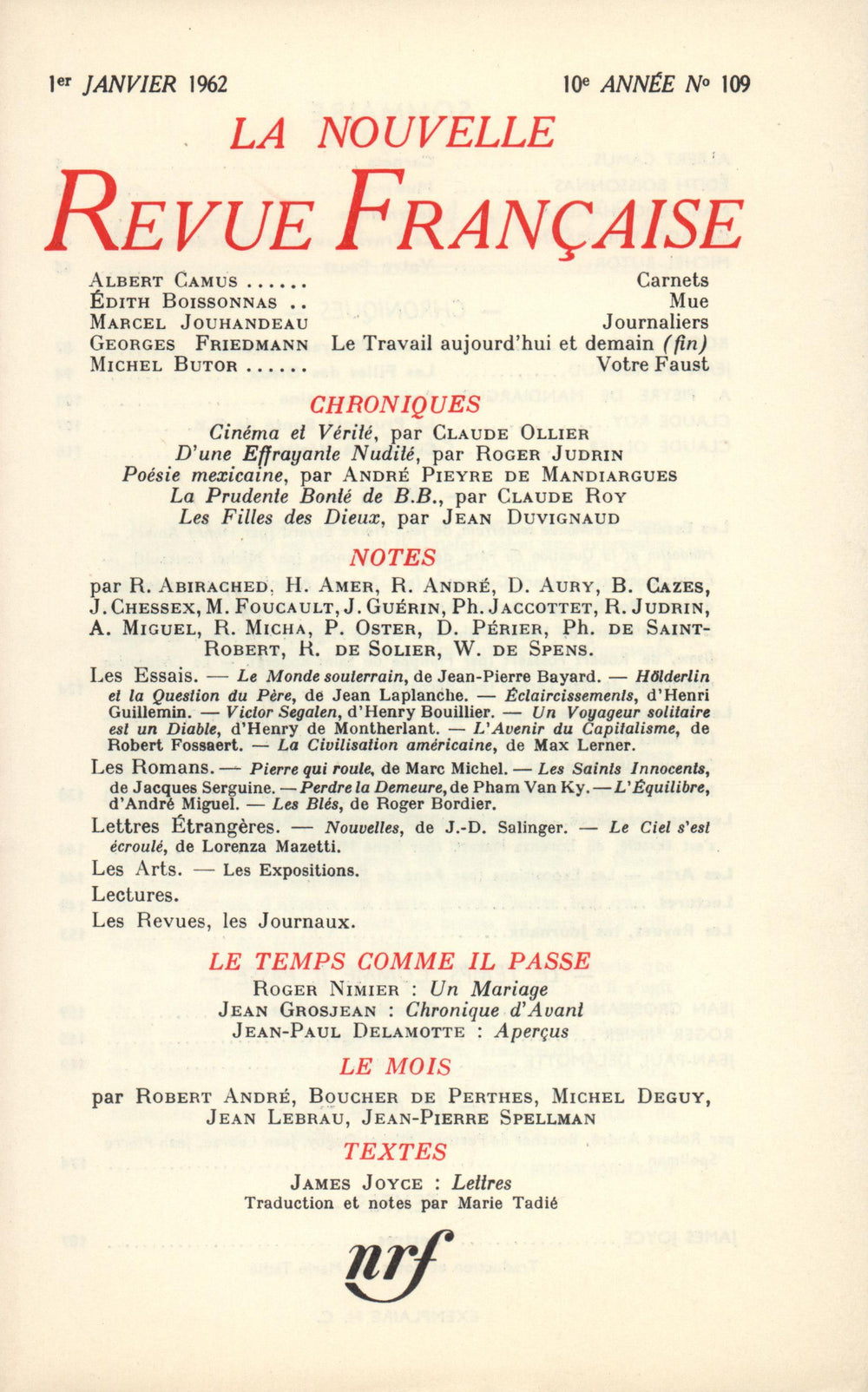 La Nouvelle Revue Française N' 109 (Janvier 1962)
