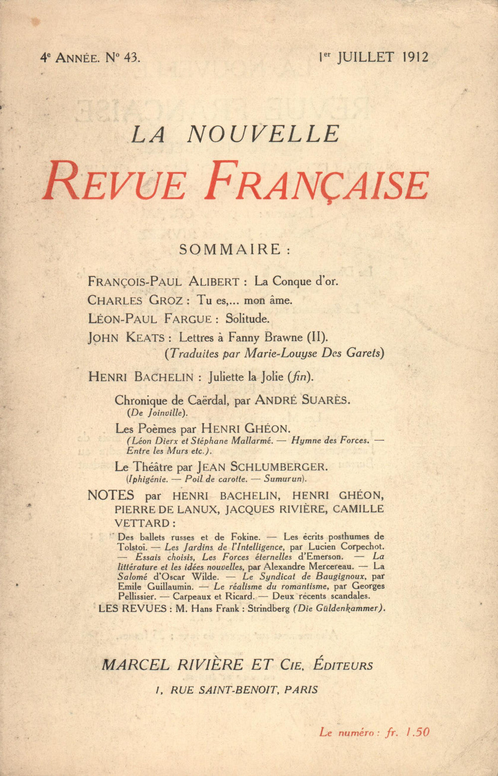 La Nouvelle Revue Française N' 43 (Juillet 1912)