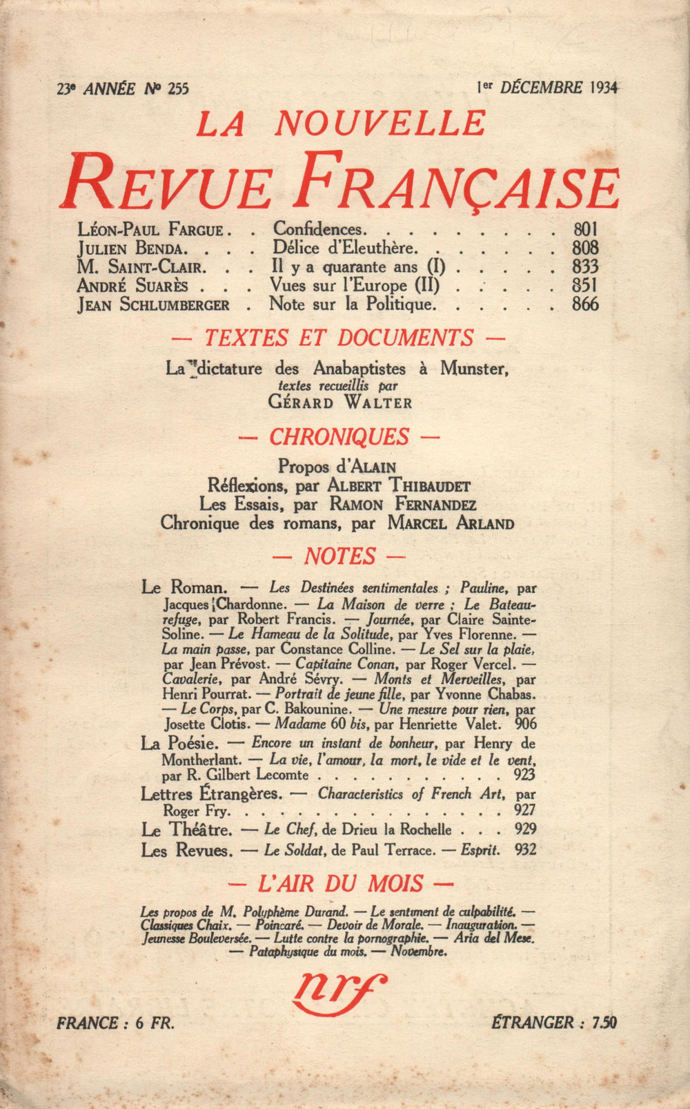 La Nouvelle Revue Française N° 255 (Décembre 1934)