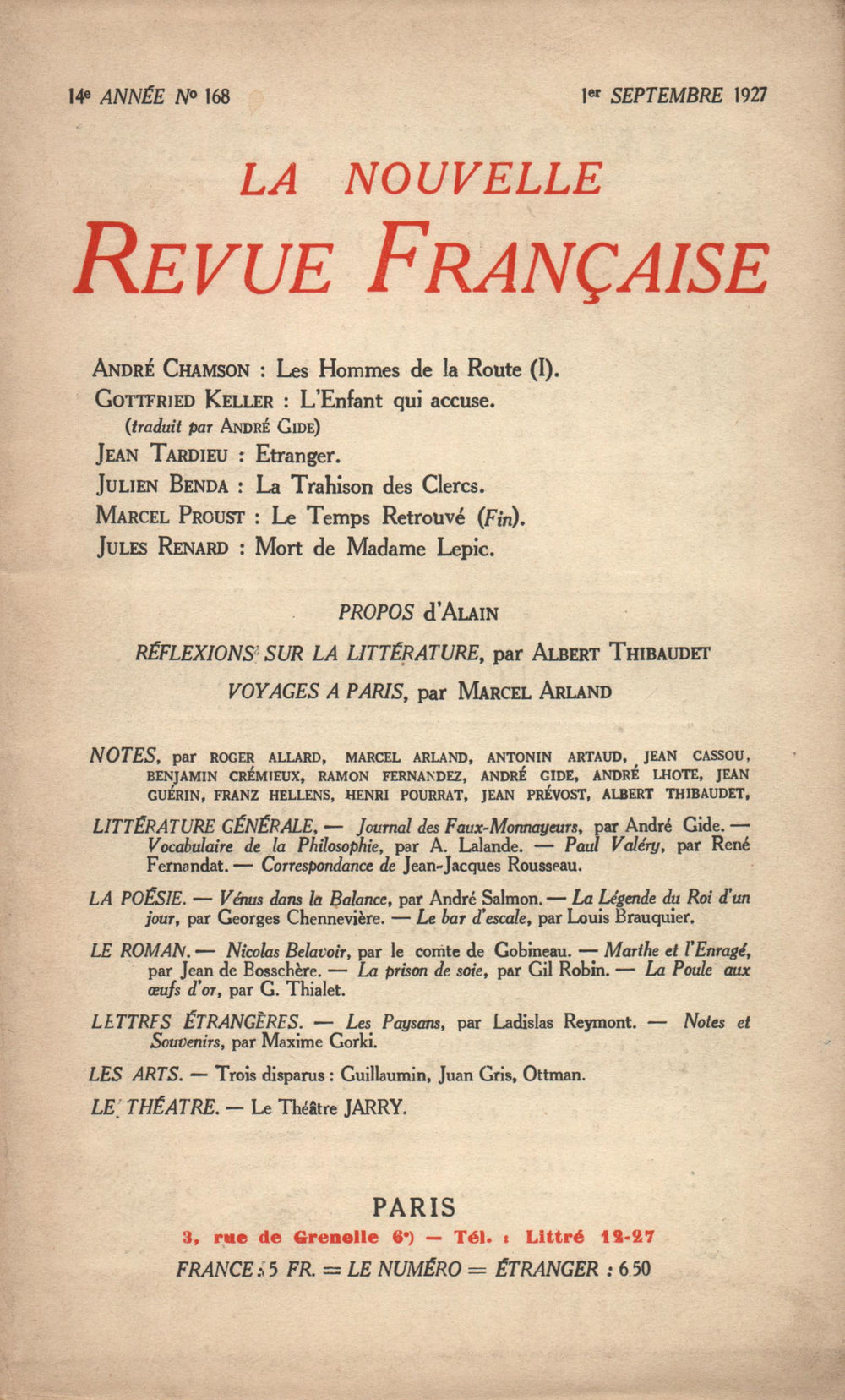 La Nouvelle Revue Française N' 168 (Septembre 1927)
