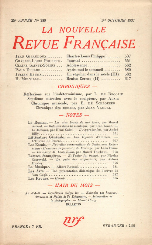 La Nouvelle Revue Française N° 289 (Octobre 1937)