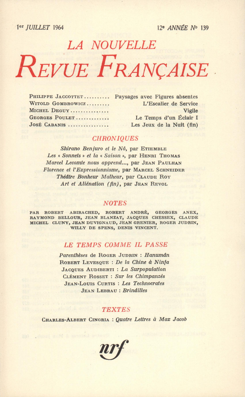 La Nouvelle Revue Française N' 139 (Juillet 1964)