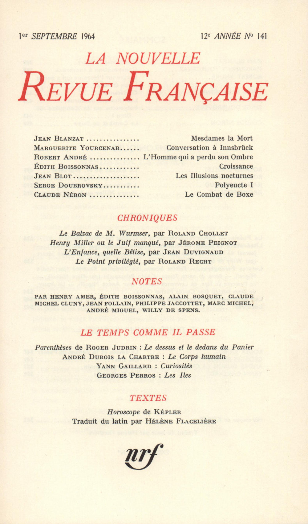 La Nouvelle Revue Française N' 141 (Septembre 1964)