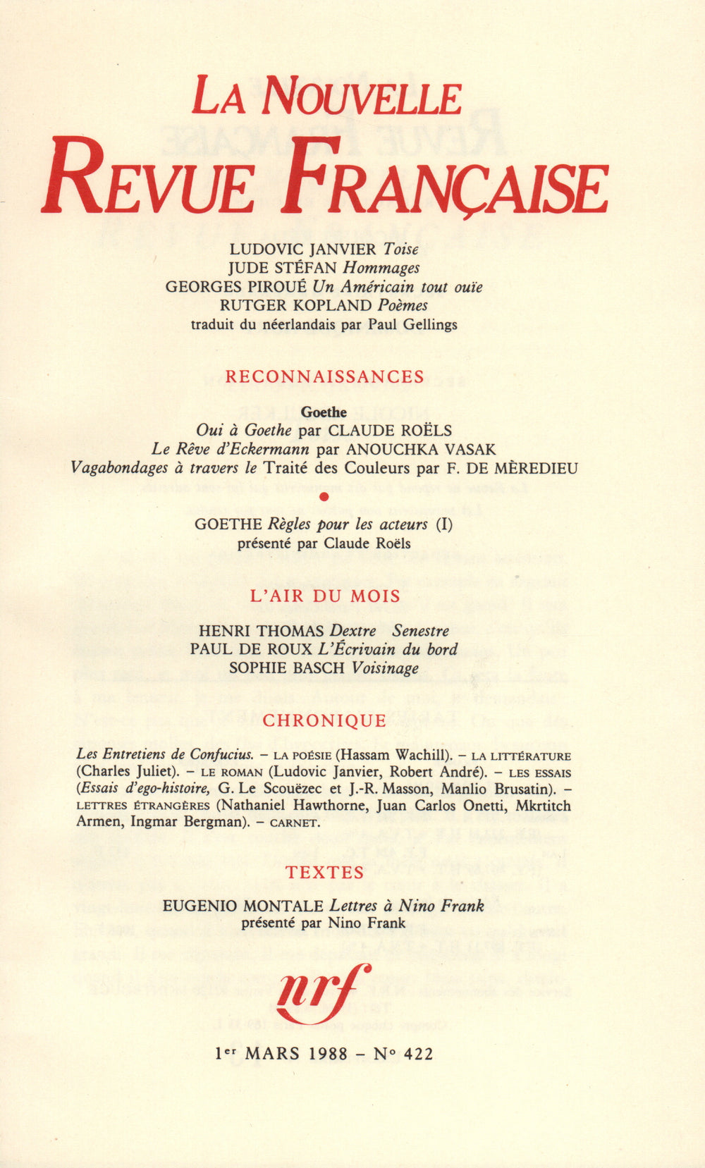La Nouvelle Revue Française N° 422