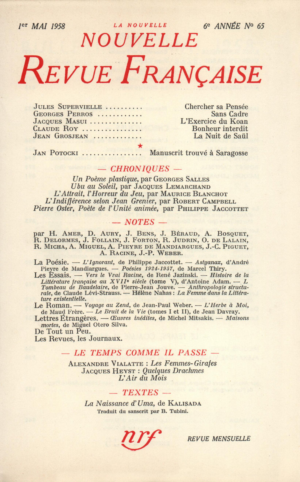 La Nouvelle Nouvelle Revue Française N' 65 (Mai 1958)