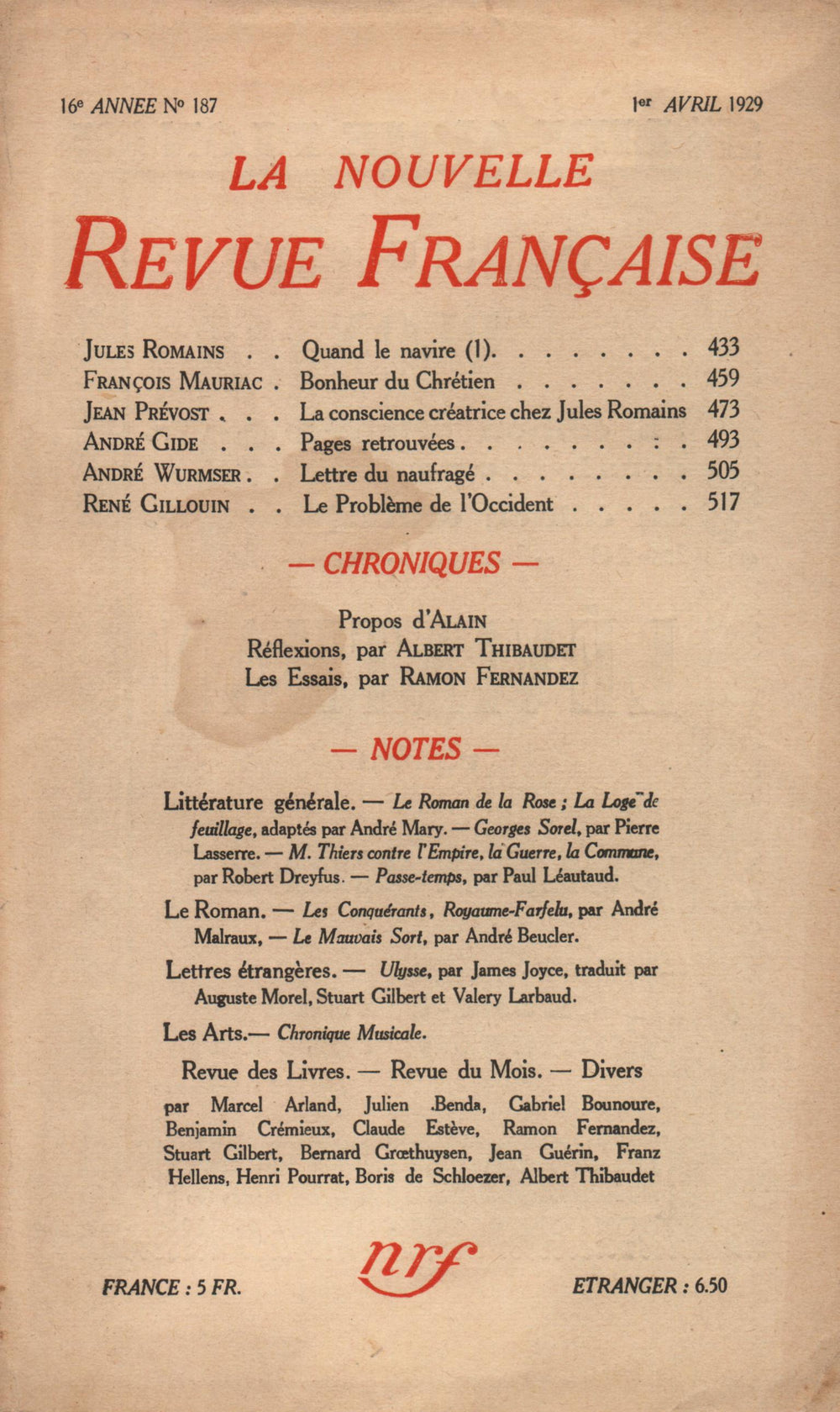 La Nouvelle Revue Française N' 187 (Avril 1929)