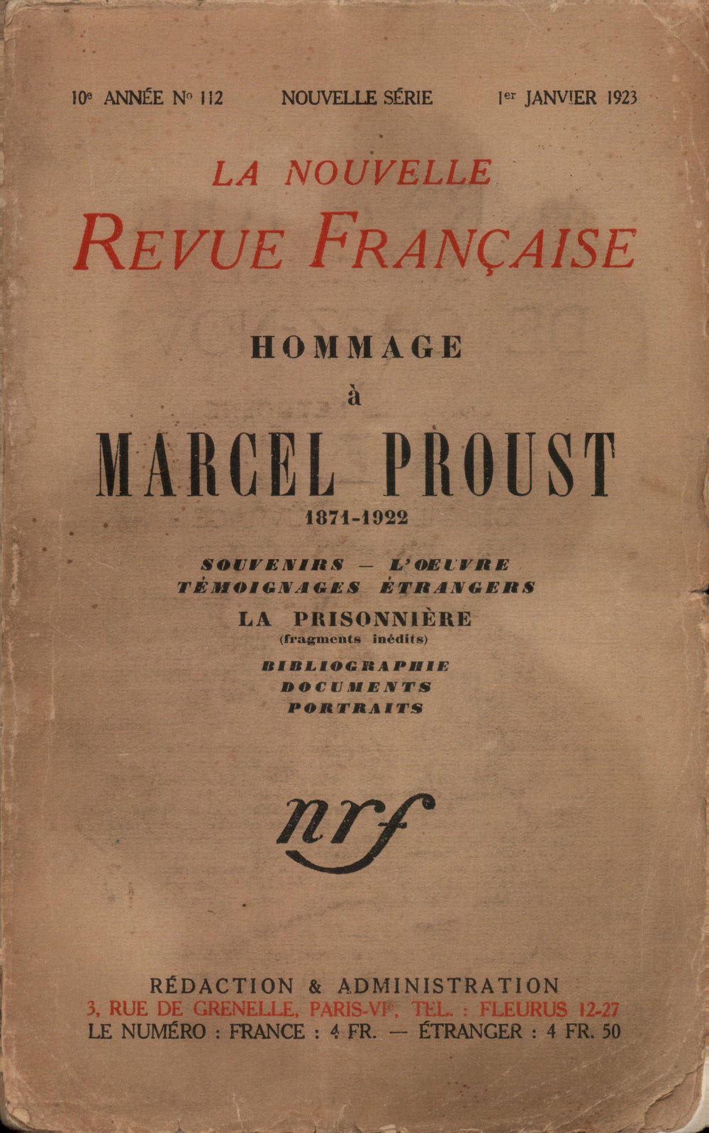 Hommage ŕ Marcel Proust (1871-1922) N' 112 (Janvier 1923)